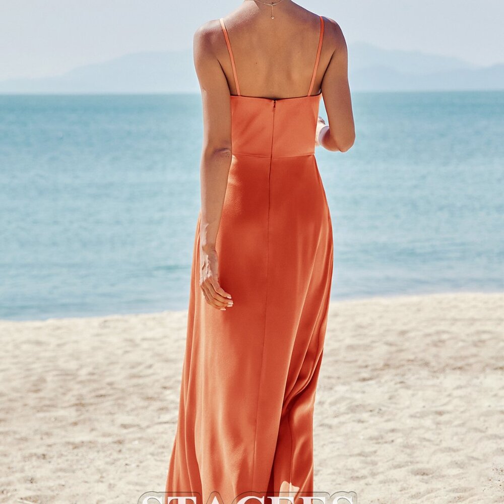 Stacees Bridesmaids Dress Stretch Satin Cowl Neck Floor-Length w Pleated Split - Picture 3 of 8